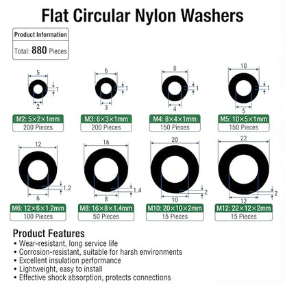 880 Pcs Nylon Flat Washer Assortment Kit | Black Insulating Spacers & Seals for Plumbing, Electrical & Machinery (M2 to M12), Organized in Storage Box