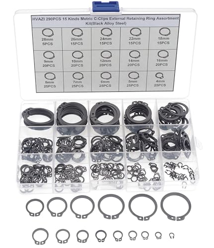 290PCS 15 Sizes Metric External C-Clip Retaining Ring Assortment Kit | Black Phosphate Carbon Steel Circlip Snap Rings for 4mm-28mm Shafts with Storage Box