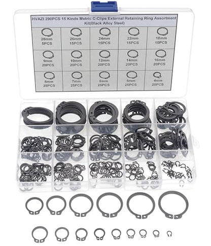 290PCS 15 Sizes Metric External C-Clip Retaining Ring Assortment Kit | Black Phosphate Carbon Steel Circlip Snap Rings for 4mm-28mm Shafts with Storage Box