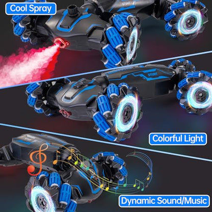 4WD Remote Control Gesture Sensor Car, Double-Sided Rotating 360° Flips Drift, with Lights Music, RC Stunt Twist Car Birthday Presents for 5-12 Kids (Blue) - color: L-blue