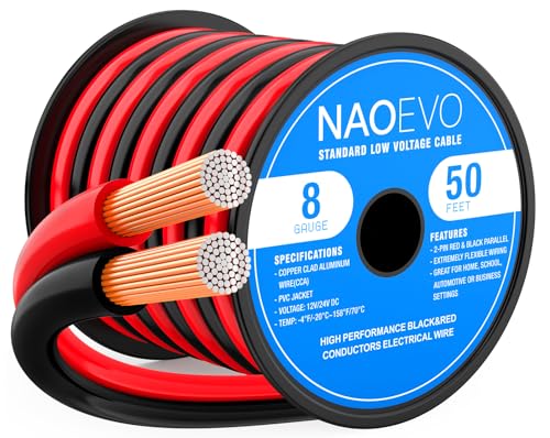 NAOEVO 8 Gauge Wire 2 Conductors, CCA Red Black Electrical Wire, 50FT | Flexible, High Conductivity & Wear-Resistant 8 AWG Wire with PVC insulation for Automotive, Speaker, LED, Marine, 12V/24V DC - size: 50ft, style: 8AWG