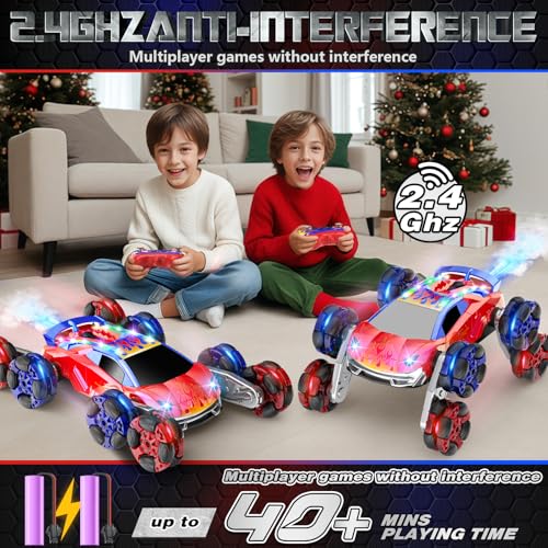 OSIMILY 8WD Remote Control Car,2.4GHz Gesture Sensing RC Stunt Car,Cool Spray Rotation RC Car with Lights and Music,All Terrain Toys for Kids Ages 7 Birthday Gifts for Boys Girls(Red)