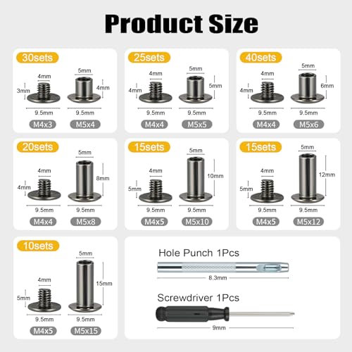 155 Sets Black Chicago Screws Leather Rivets Kit, 7 Sizes (M5*4,5,6,8,10,12,15) with 3 Metal Screw (M4*3,4,5) Use for Leather Crafts,Belts,Bags,Clothing,Shoes,Books