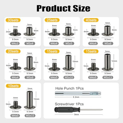 155 Sets Black Chicago Screws Leather Rivets Kit, 7 Sizes (M5*4,5,6,8,10,12,15) with 3 Metal Screw (M4*3,4,5) Use for Leather Crafts,Belts,Bags,Clothing,Shoes,Books