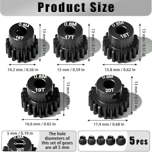 5Pcs 0.8M Hardened Steel Pinion Gear Set 5mm Shaft 16T 17T 18T 19T 20T Motor Pinion Gear with M4 Screw and Hex Key, for Arrma HPI Kyosho Losi Axial Traxxas Tamiya 1/10 RC Car and 540/550 Motors - size: 0.8M-5mm-16-20T