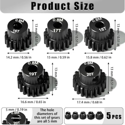5Pcs 0.8M Hardened Steel Pinion Gear Set 5mm Shaft 16T 17T 18T 19T 20T Motor Pinion Gear with M4 Screw and Hex Key, for Arrma HPI Kyosho Losi Axial Traxxas Tamiya 1/10 RC Car and 540/550 Motors - size: 0.8M-5mm-16-20T
