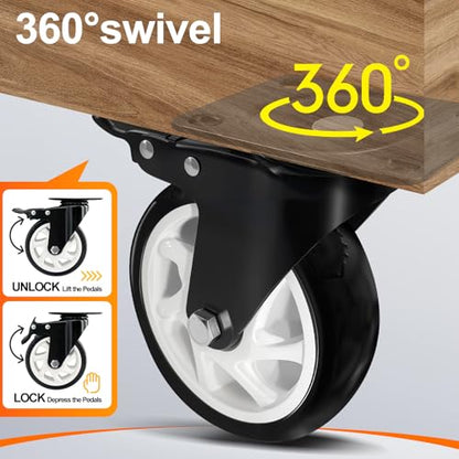 5 Inch Plate Caster Set of 4, Heavy Duty PU Swivel Wheel with Dual Brakes | Smooth 360° rotation,dual locking brake,silent PU wheels - color: Black, size: 5 IN