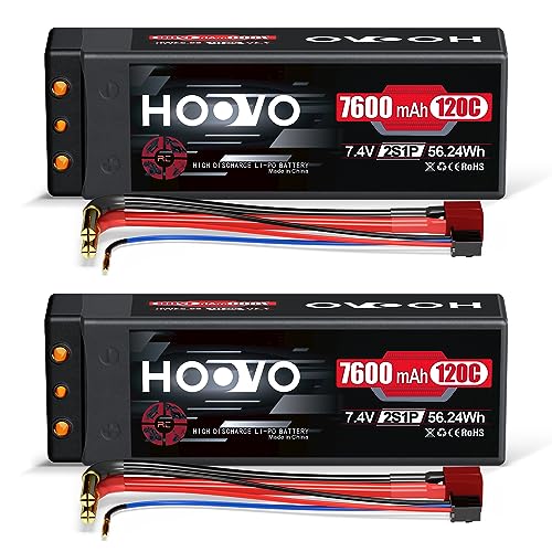HOOVO 7600mAh 2S Lipo Battery 7.4V 120C RC Battery Hard Case 4mm Bullet with T Plug for RC Drag Car RC Truck Boat DJI Heli Airplane RC Models (2 Packs)