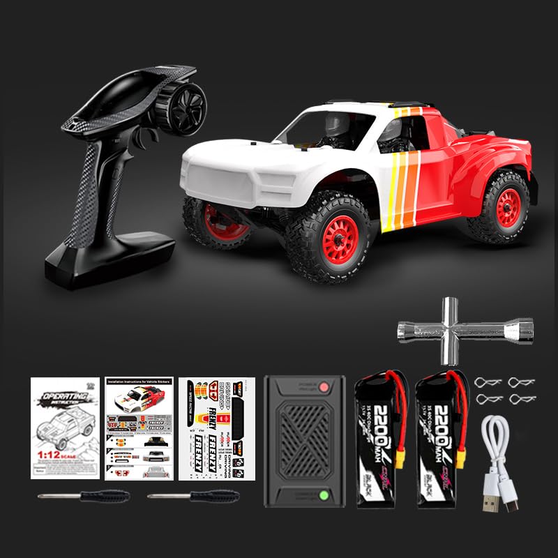 1:12 4WD Brushless RC Truck for Adults, 4x4 Offroad Waterproof Monster Trucks, Electric Powered High Speed Remote Control Cars, Fast Extreme All Terrain RC Truggy with Double 3S Battery - style: Racing Flame