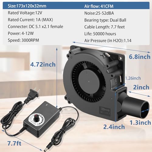 Wathai 120mm x 32mm Small Blower Fan 12V with AC 110V 120V Variable Speed | Dual Ball variable speed blower squirrel cage fan blower for waste oil burner BBQ Smoker DIY Cooling Projects - style: 12032 110V-240V