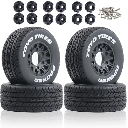 1/10 1/8 RC Short Course Truck Tires OD 4.33" and Wheels 12mm 14mm 17mm Hex for 1:8 1:10 Scale Off Road Truck Car Traxxas Slash 2WD 4×4 Rc4wd Arrma Senton Axial Losi Redcat 4PCS (Black) - color: Black