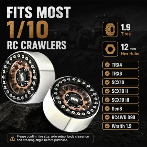 4PCS 1.9" RC Beadlock Wheels with12mm Hex & -6mm Offset Aluminum 30mm Wide Rims for 1/10 RC Crawler, Compatible with TRX4 TRX6 SCX10 SCX10 II III Gen8 RC4WD D90 90046 AXI03007 - color: Black-Bronze