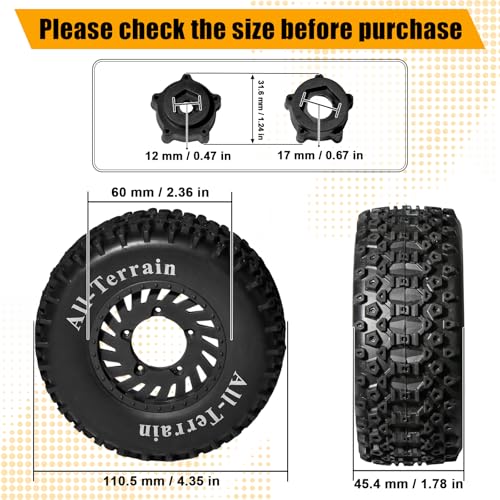 1/10 RC Short Course Truck Wheel Tires Set- 12mm/17mm Hex, Black | All-Terrain Tires and Nylon Wheels Compatible with 1/10 Traxxas Slash 4WD 2WD Arrma Senton Axial Losi Redcat RC Buggy, 4-Pack - color: Black