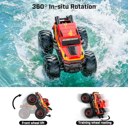 WayEee Amphibious Remote Control Car All Terrain RC Monster Truck Toys/Red | waterproof 4X4 monster truck off-road vehicles 2.4GHz remote control 1/18 Scale rc car toy for kids 6+ boys girls gifts - color: Red