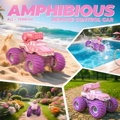 BEZGAR Amphibious Remote Control Car - Pink Monster Truck for Girls | 1:16 Scale RC Boats 2.4GHz Waterproof with Shooting Water Pistol, 4WD All-terrian Off-Road Pickup Outdoor, Girls Kids Gifts - color: Pink