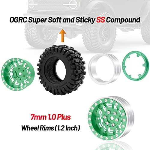 OGRC 1.3" Aluminum Wheels and All Terrain Tires for 1/18 1/24 RC Upgrade | 7mm Hex, Super Soft Compound Tires, for TRX4M SCX24 RC Carwler Car, Green - color: Green