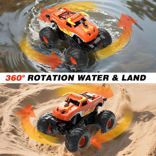 Amphibious Remote Control Car 4WD | RC Monster Truck with Dual Spray Mist & Led Lights,1:16 Scale Waterproof RC Cars for All Terrain Off-Road Pickup Toys Gifts for Boys/Girls Age 8-12+ - color: Orange