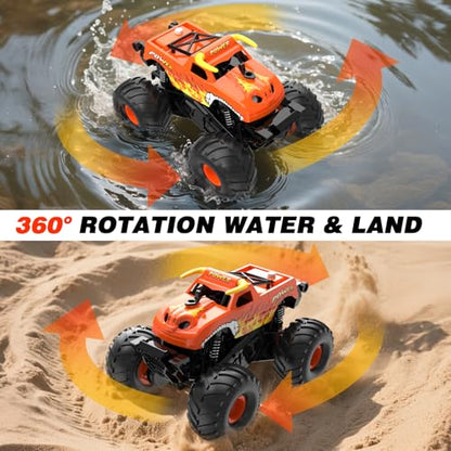 Amphibious Remote Control Car 4WD | RC Monster Truck with Dual Spray Mist & Led Lights,1:16 Scale Waterproof RC Cars for All Terrain Off-Road Pickup Toys Gifts for Boys/Girls Age 8-12+ - color: Orange