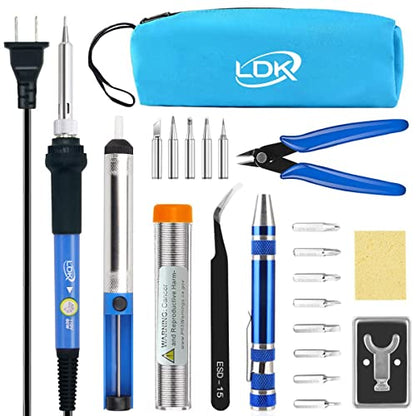 LDK Electric Soldering Iron Kit 60W Adjustable Temperature Welding Tools | with 5pcs Different Tips, Desoldering Pump, Solder Wire, 8-in-1 Screwdrivers, Wire Cutter, Tweezers, Stand and Carry Bag - color: 60w 15-in-1