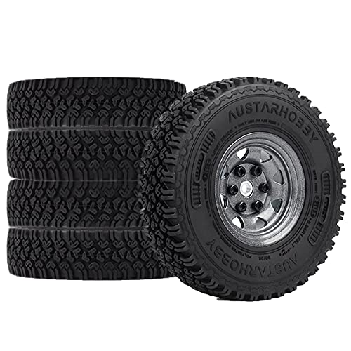 4PCS/Set 1.55 Inch Beadlock Metal Wheel Rim Rubber Tires Compatible with 1/10 RC Crawler Car Axial AX90069 D90 TF2 Tamiya CC01 LC70 (Grey) - color: Grey