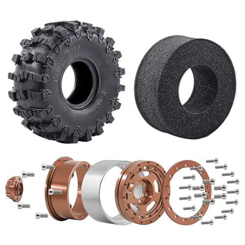 2.2" Beadlock Wheel Rims and Rubber Crawler Tires 150mm (5.91in) for 1/10 RC Crawler SCX10 RBX10 Wraith TRX4 (Bronze) - color: Bronze