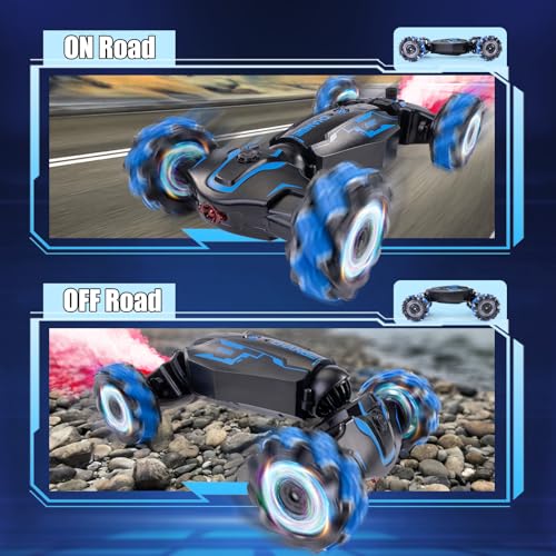 4WD Remote Control Gesture Sensor Car, Double-Sided Rotating 360° Flips Drift, with Lights Music, RC Stunt Twist Car Birthday Presents for 5-12 Kids (Blue) - color: L-blue