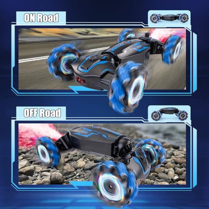4WD Remote Control Gesture Sensor Car, Double-Sided Rotating 360° Flips Drift, with Lights Music, RC Stunt Twist Car Birthday Presents for 5-12 Kids (Blue) - color: L-blue