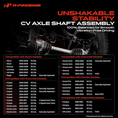 A-Premium Set of 2 Front Axle Shaft Assembly | Compatible with Chevy, Buick, Pontiac & Olds - Impala, Monte Carlo, Venture, LaCrosse, Allure, Century, Regal, Grand Prix