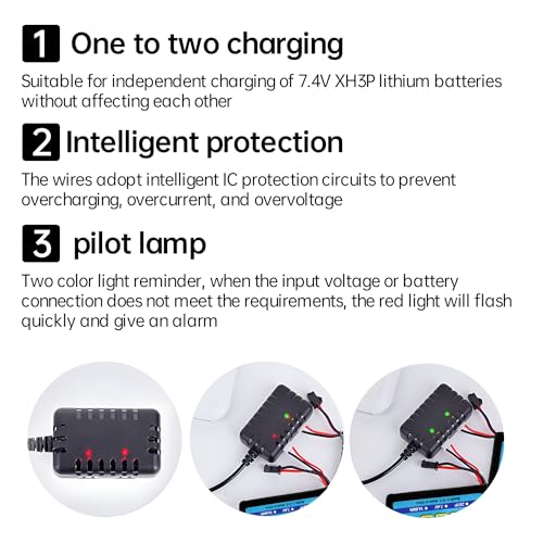 2S 7.4V 1-to-2 Charger with XH-3P Connector Plug for AX24 SCX24 FCX24 UTB18 SCX24 RC Cars and Trucks, for 7.4V 2S Lithium Batteries, Drones, Quadcopters, and Ships LiPO Batteries