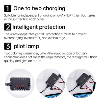2S 7.4V 1-to-2 Charger with XH-3P Connector Plug for AX24 SCX24 FCX24 UTB18 SCX24 RC Cars and Trucks, for 7.4V 2S Lithium Batteries, Drones, Quadcopters, and Ships LiPO Batteries