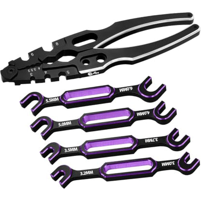 Multifunction RC Shock Absorber Plier with 4PCS Wrench 3.0/3.2/3.5/3.7/4.0/5.0/5.5/6.0mm Turnbuckle Nut Ball Joint Remover for RC Car Boat Model Repair Tool Kit - color: Black & Purple