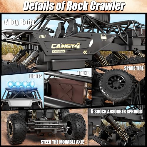 Large Size RC Cars, Rock Crawler RC Truck with 2 Rechargeable Batteries, 6 Wheel Remote Control Monster Truck, Durable Metal Body & LED Headlights, Boy Toys for 4-7, 8-12 Kids & Adults - color: 6 Wheels Black