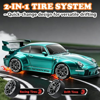 RC Drift Car, 1:24 Scale Remote Control Vehicle with LED Lights,Drifting Tires＆Two Batteries, Racing Sports Toy Idea Gift for Adults Boys Girls and Kids (Lake Blue) - color: Lake Blue