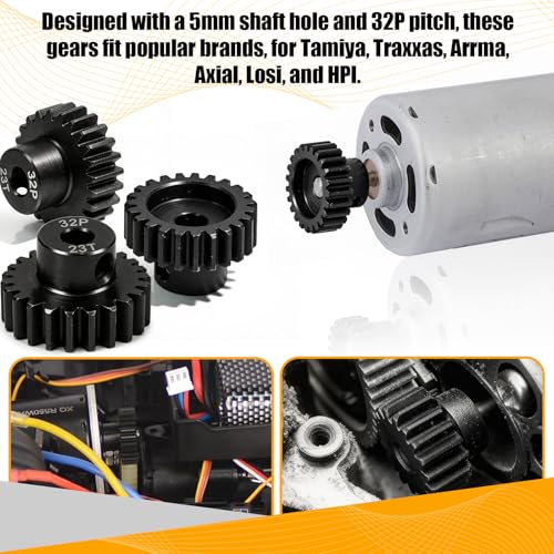 32P 23T RC Car Gear Set | 45# Steel Black Oxide | 5mm Bore +0.03mm | Precision Engineered Motor Pinion Gear Compatible with Traxxas/ARRMA/HPI/Kyosho (3-Pack with M4 Set Screws) - style: 3Pcs 23T