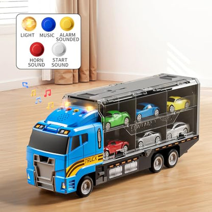 NIPLOOOW Toddler Boys Toys for 3 4 5 6 Years Old, Truck Vehicle Set with Play Mat and Die-Cast Toy Car, Transport Carrier Truck for Kids, Birthday Gifts Toys for 3 4 5 6 7 8+ Year Old Boys - style: Racing truck