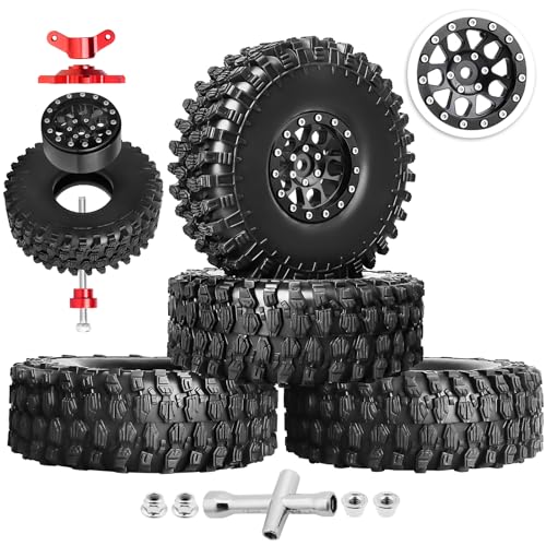 HobbyPark 1.9 Beadlock Wheels and Tires Height 4.72inch 120mm Soft Rubber Good Grip, Mounting Tool for TRX4 Axial SCX10 II III Redcat Gen8 Gen7 1/10 RC Crawler w/Foam,Set of 4 (Black Rings) - color: Black Rings