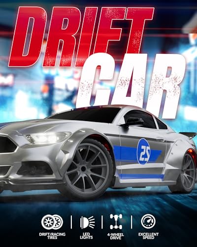 RC Drift Car, 1:20 Scale Remote Control Car for Beginners & Adults | LED Lights, 2.4GHz, 20KM/H, 4WD, Drifting Tires, 2 Batteries, Roadblock, Racing Sports Gift Idea - color: Silver