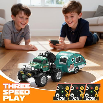Snugzy Kids Mini RC Car 1:64 Scale RC Truck with Trailer 2.4Ghz Remote Control Rechargeable RC Cars Toy Gifts for Boys Girls (Green) - color: Green