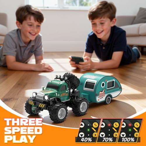 Snugzy Kids Mini RC Car 1:64 Scale RC Truck with Trailer 2.4Ghz Remote Control Rechargeable RC Cars Toy Gifts for Boys Girls (Green) - color: Green