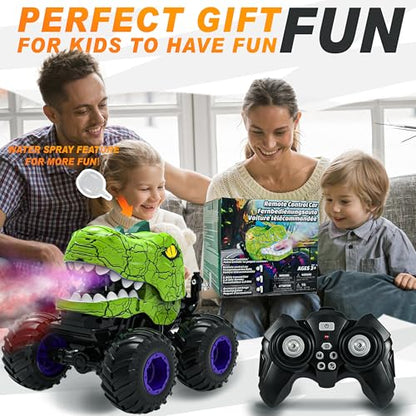 BEZGAR Monster Truck Toys, 1:20 Remote Control Car with Spray, Light, Music | Green Dinosaur Toys for Kids, 1:20 Scale RC Truck with 360° Spins and Drifting, Car Toys Gifts for Boys 4-7 - color: Green