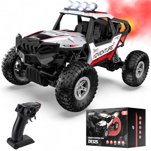 DEERC DE125 1:14 RC Rock Crawler, 4WD Remote Control Off-Road Monster Truck with Mist Spray, Metal Shell, LED Lights, 2.4GHz All-Terrain Car, 2 Batteries, Gifts for Kids & Adults - color: Black
