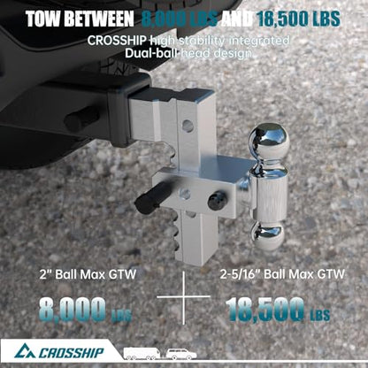 Adjustable Trailer Hitch - Heavy Duty Aluminum Drop Drawbar Hitch - Fits 2.5" Receiver, 8" Drop/Rise with 2" & 2-5/16" Solid Dual Balls 18,500 LBS GTW- for Truck, SUV, RV - color: Silver, size: 2.5" 8 Drop-Dual Ball