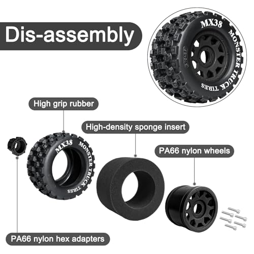 LRFHL MX38 F/R 3.8" RC Tires and Wheels with 17mm Hex Adapter, 4PCS, Black | 1/7 1/8 RC Monster Truck Tires, for Arrma Notorious Outcast Kraton 6S Traxxas E-Revo RC Car Upgrade - color: Black Tires+ Black Wheels