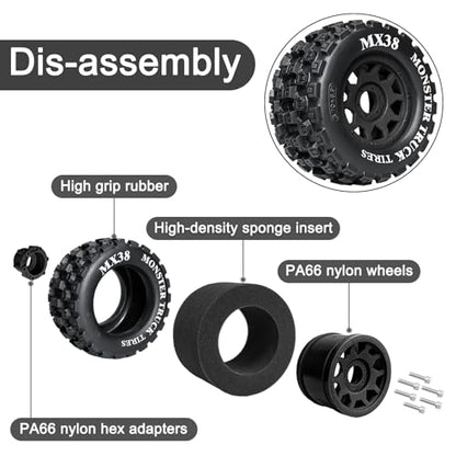 LRFHL MX38 F/R 3.8" RC Tires and Wheels with 17mm Hex Adapter, 4PCS, Black | 1/7 1/8 RC Monster Truck Tires, for Arrma Notorious Outcast Kraton 6S Traxxas E-Revo RC Car Upgrade - color: Black Tires+ Black Wheels