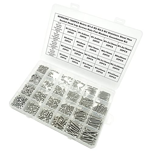 1200PCS M1.6 M2 M2.5 M3 Stainless Steel Hex Socket Head Cap Screws Nuts Flat Washers Assortment Kit - size: M1.6M2M2.5M3