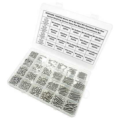 1200PCS M1.6 M2 M2.5 M3 Stainless Steel Hex Socket Head Cap Screws Nuts Flat Washers Assortment Kit - size: M1.6M2M2.5M3
