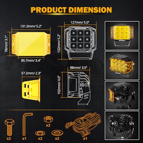 Auxbeam V-MAX Series 5" 168W LED Cube Pod 270° Side Shooter Fog Light Pods | Spot Flood Combo, Pod Light with DRL, 168W 16440LM Light Output, 3 Lighting Modes, Amber Covers, Auxiliary Ditch Lights - color: 5in Cube LED Pod