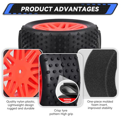 Preglued 12mm Hex Wheel Rims Rubber Tires with Foam Inserts OD 86mm/3.38" for Traxxas Bandit WLtoys 144001 Redcat 1/10 RC Off-Road Buggy Car, Set of 4 (Color C)