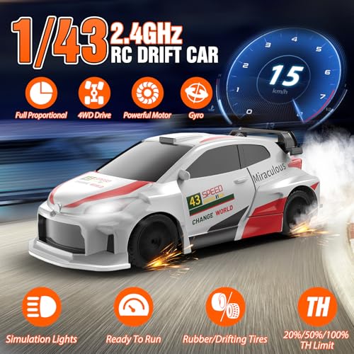 RC Drift car, 1/43 Mini Rc Drift car with Gyroscope, 2.4GHz Full Proportional Remote control Cars, 4WD High Speed Racing with Lights, Racing Tires, Model Cars Gift for Adults, Kids, Boys, Girls - color: White-lr