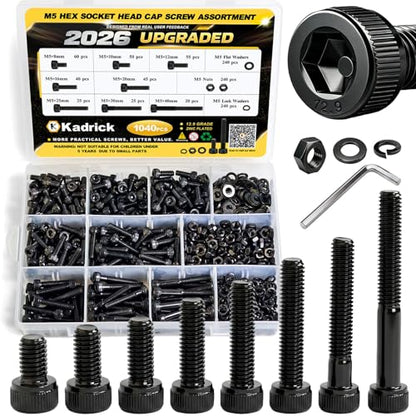 Kadrick M5 Screws Kit 1040PCS,M5x8mm-40mm Bolts with Nuts, Washers & Hex Wrench, Optimized Size Distribution, Class 12.9 Socket Head Cap M5 Screws, Black Zinc Plated, for Mechanical, Repair & DIY - size: M5 1040Pcs New